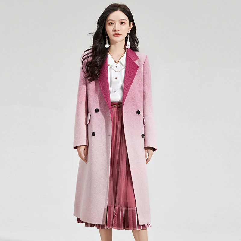 44HE1E0219含羊毛渐变色双面尼毛呢外套大衣女2024冬