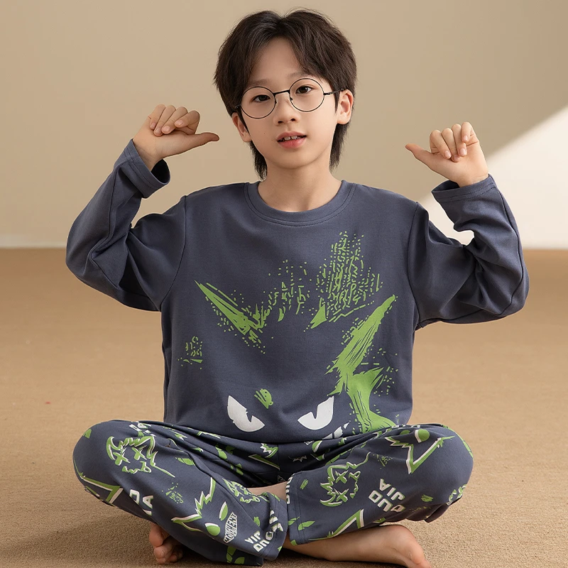 男童睡衣春秋纯棉薄款长袖2025新款儿童冬季男孩青少年大童10-15