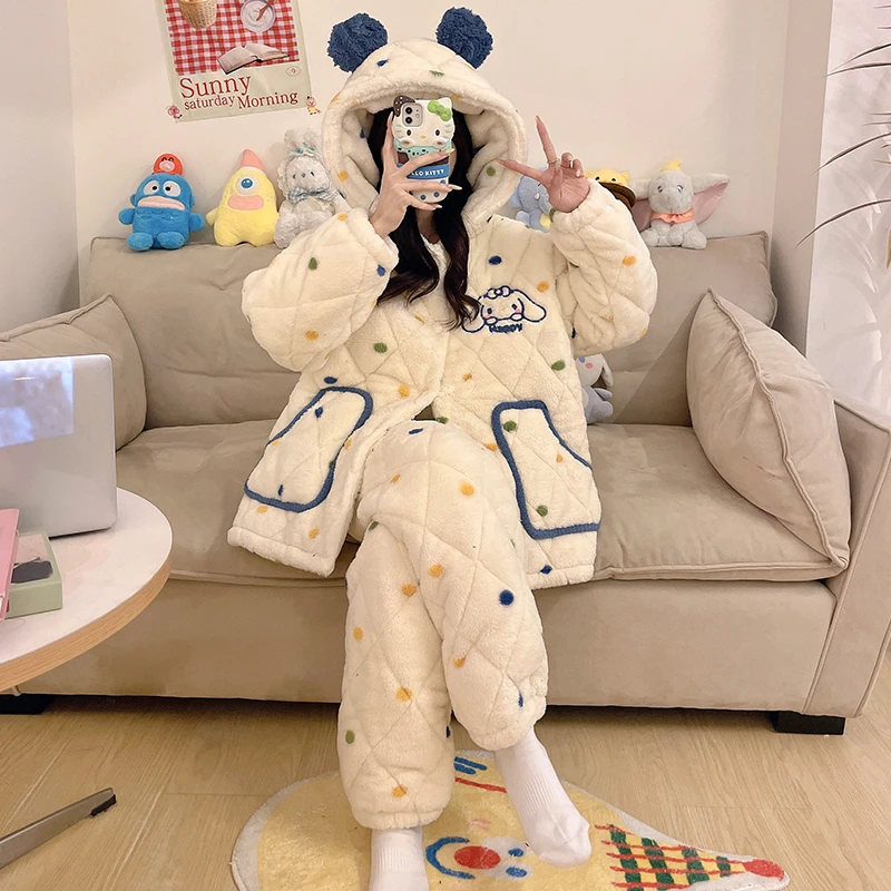 儿童睡衣女童冬季加绒加厚特厚抗寒睡衣三层夹棉女孩珊瑚绒家居服