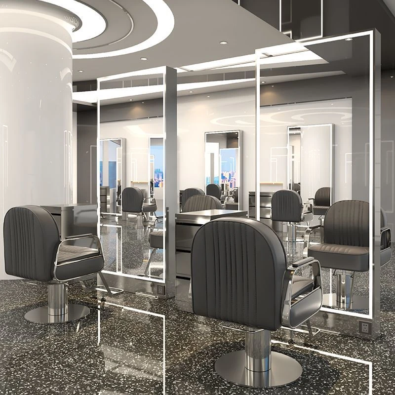 网红美发店镜子带灯异形落地镜理发店镜台单面挂墙潮店全身剪发镜