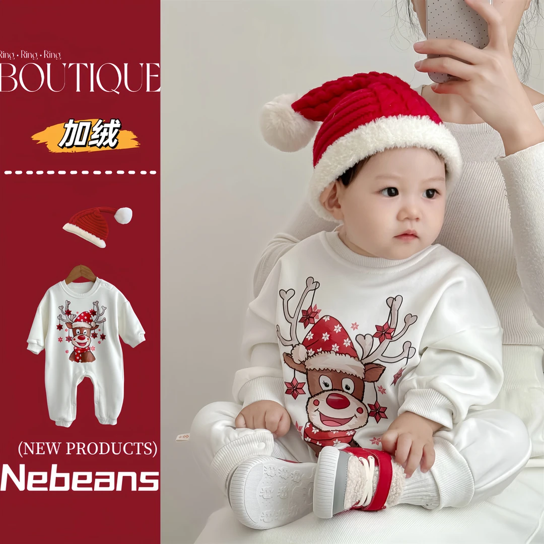 （现货）秋冬宝宝衣服 加绒圣诞节婴儿衣服圣诞鹿加绒连身衣外出服