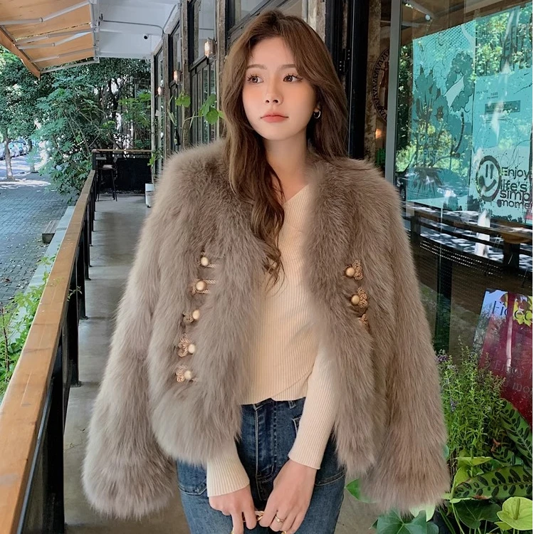 环保狐狸毛毛仿皮草外套女秋冬气质名媛小香风宽松百搭毛茸茸上衣