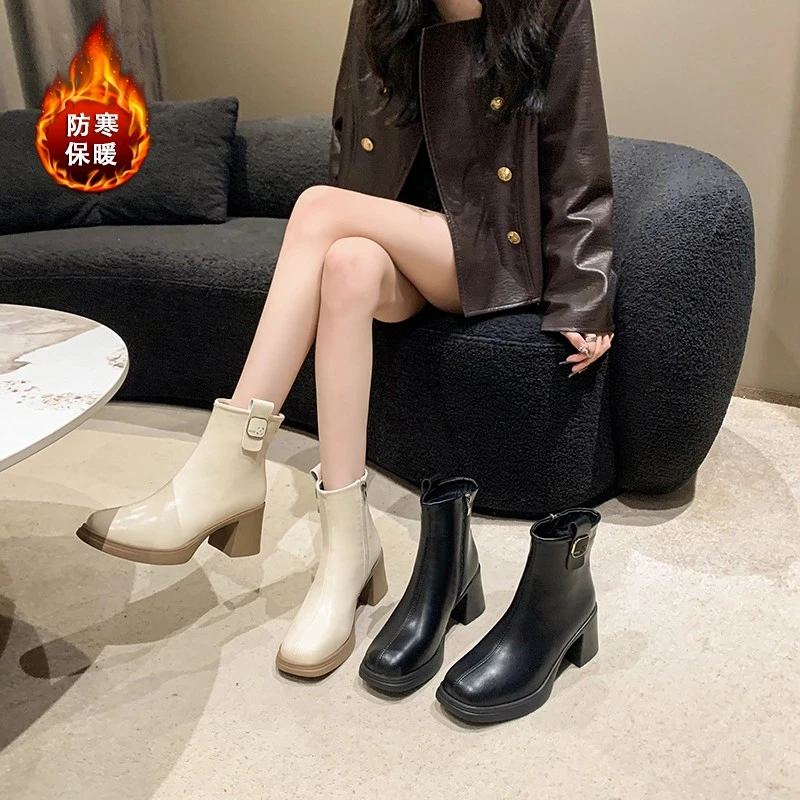 【三歳自留】秋冬瘦瘦靴子2023新款后拉链时尚马丁靴粗跟防水台短靴