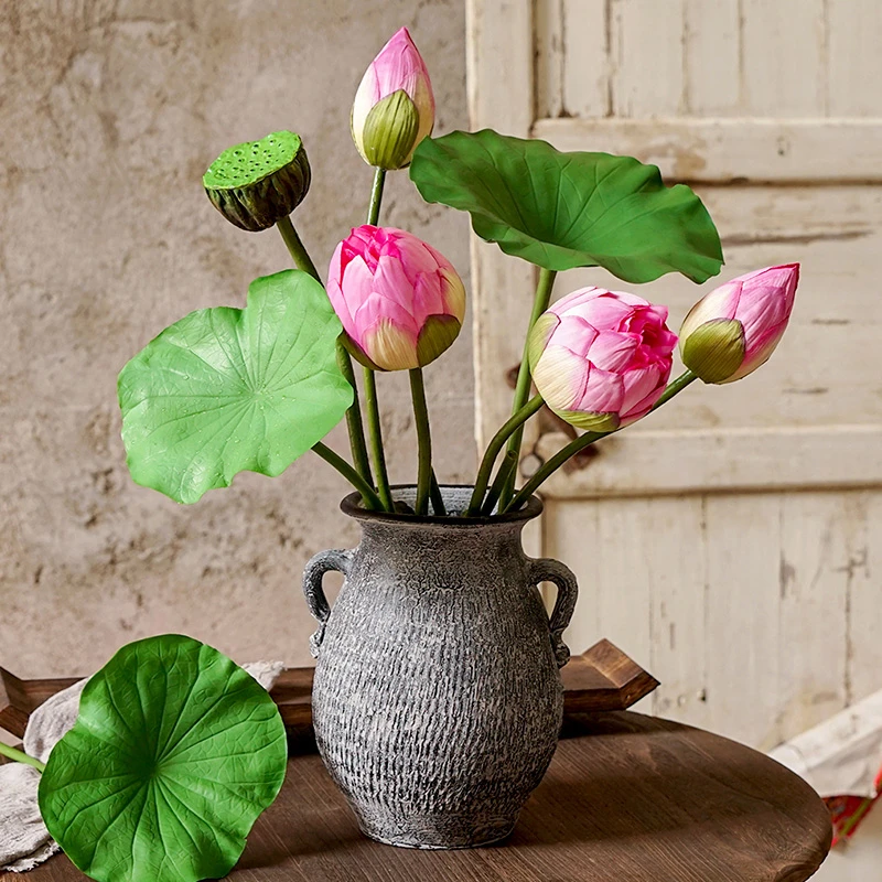 中式荷花仿真花客厅餐桌荷叶莲蓬摆件莲花假花供佛道具摆设