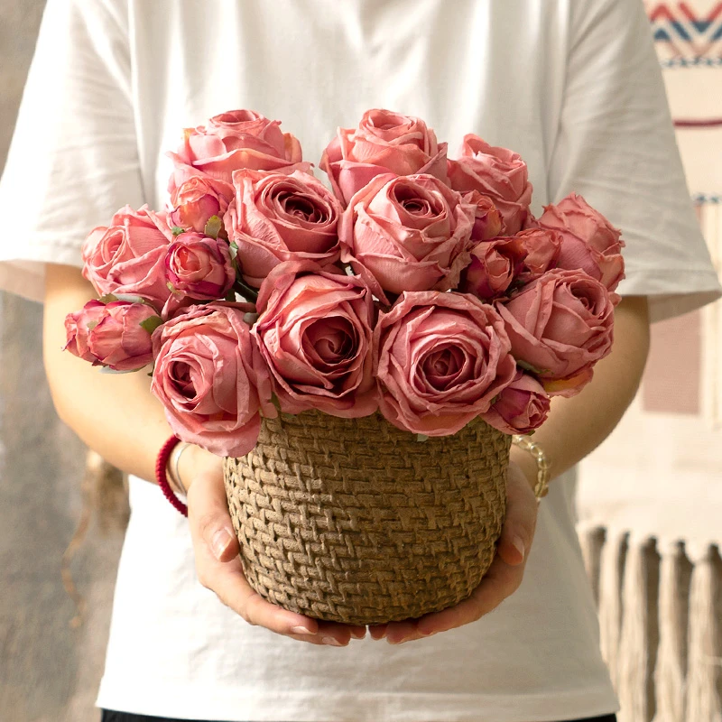 高档焦边玫瑰花仿真花束客厅装饰花艺摆件餐桌假花干花摆设