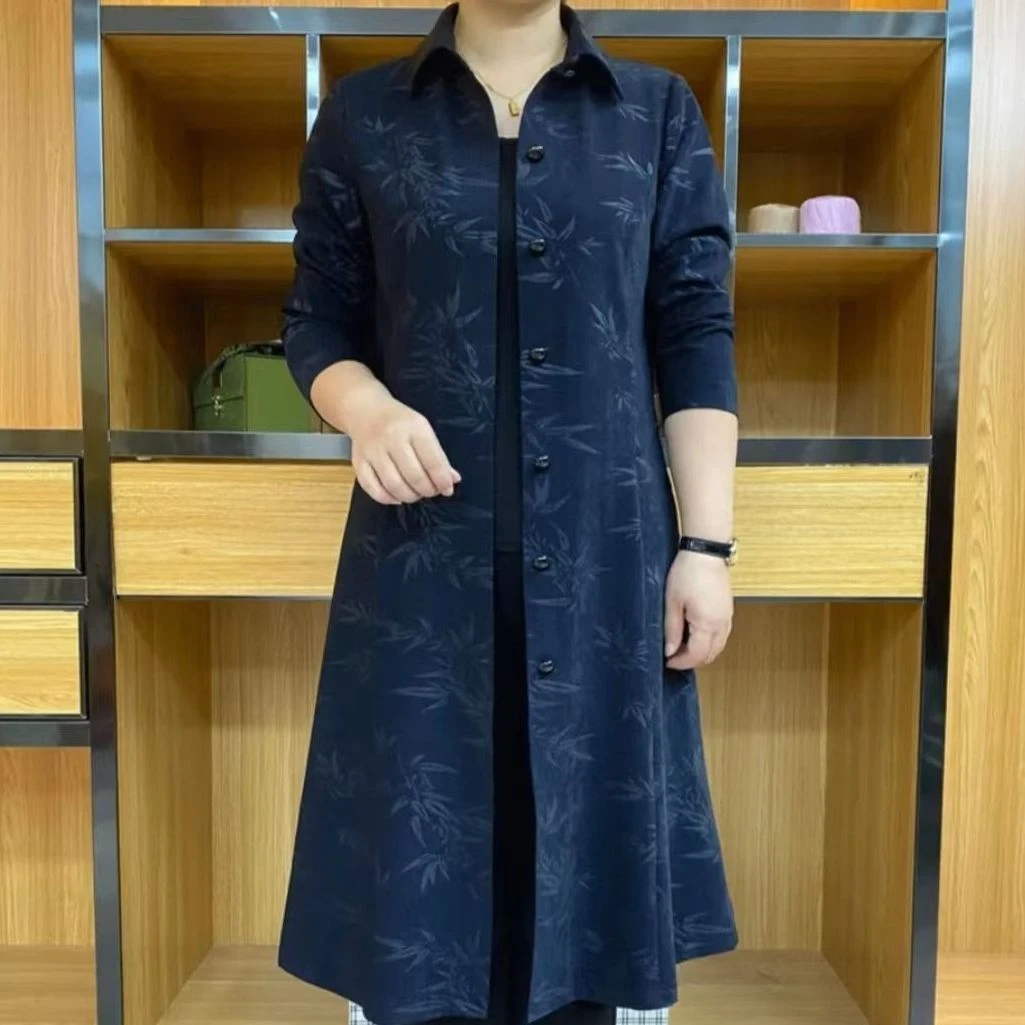 冬季休闲时髦高级洋气宽松显瘦印花上衣外套减龄漂亮妈妈纯色风衣