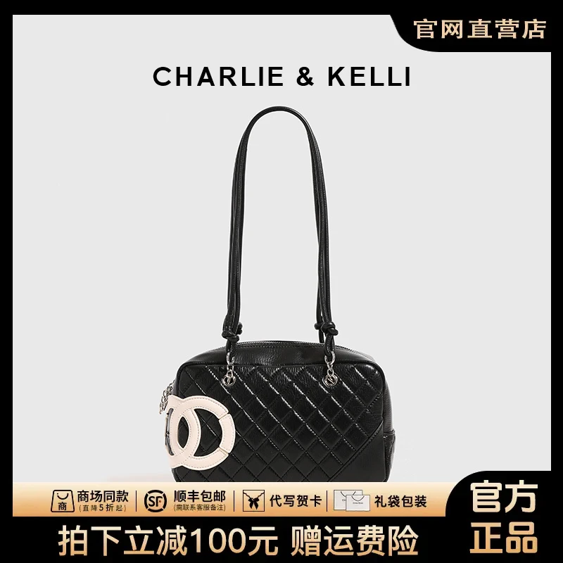 官网CHARLIE KELLI包包女秋冬黑色质感菱格手提单肩包时尚腋下包