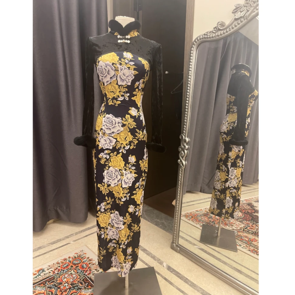 美人鱼【金玉露】新中式高贵定制烧花绒弹力复古重磅毛领提花旗袍