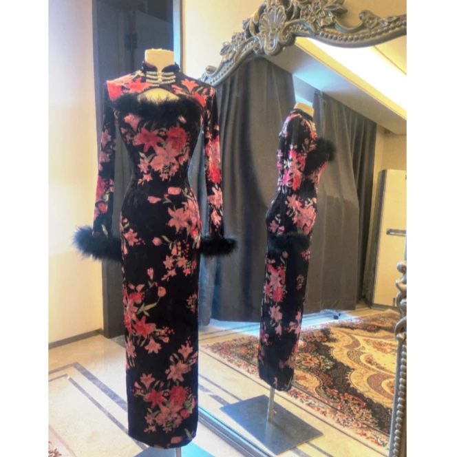 美人鱼【合欢】新中式优雅印花设计烧花绒直襟珍珠盘扣修身旗袍G83