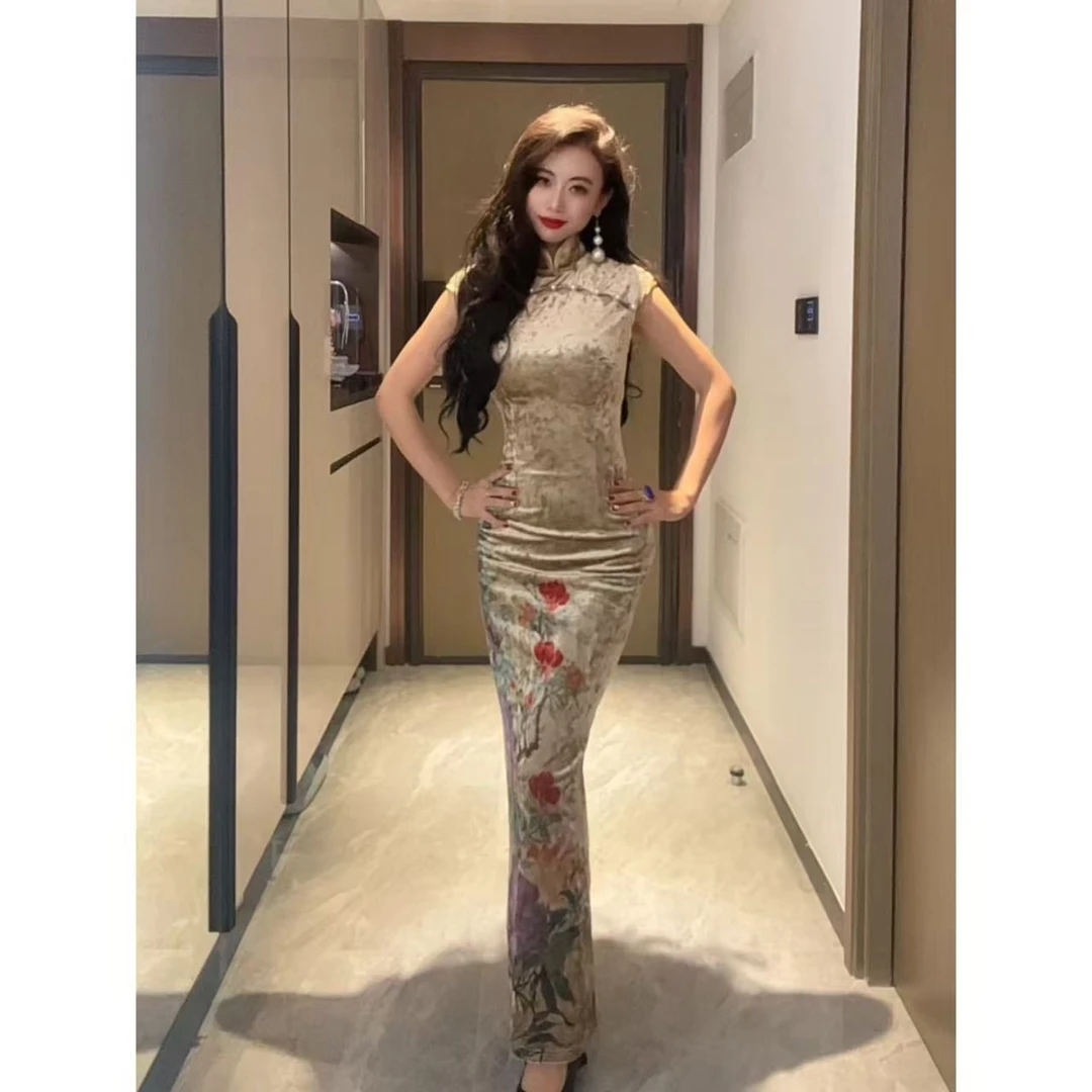 原创自制【意欢】新中式气质开叉修身长袖定位烧花旗袍中国风连衣裙