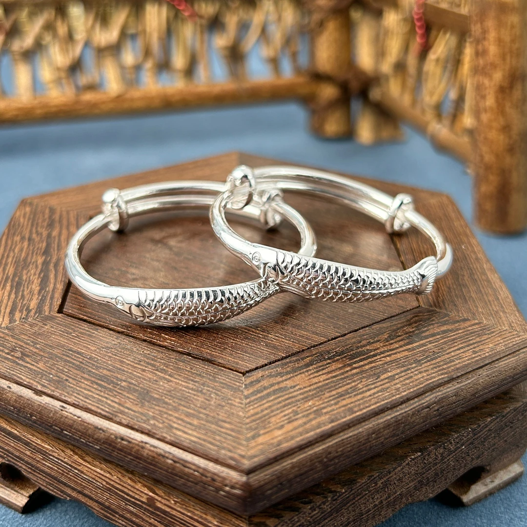 足银手镯 苗人匠银坊 纯手工 年年有鱼宝宝手镯
