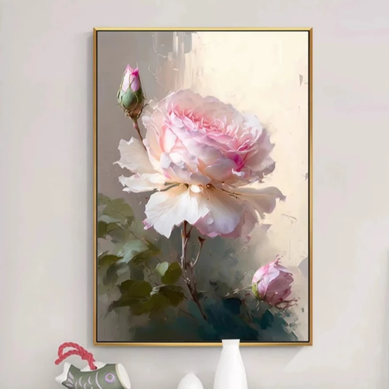 花开富贵牡丹花卉手绘油画现代玄关客厅装饰画餐厅卧室走廊竖挂画