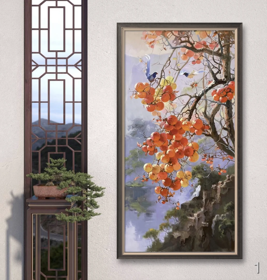 柿柿如意手绘油画玄关装饰画新中式走廊过道挂画