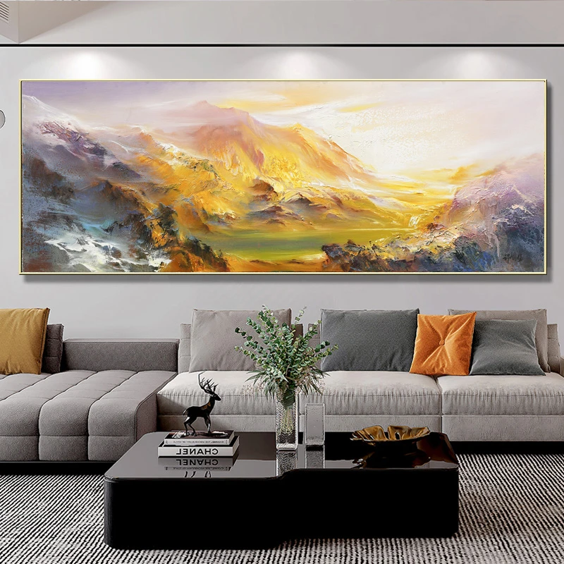 手绘油画背靠金山客厅沙发背景墙装饰画高端大气新中式山水画挂画