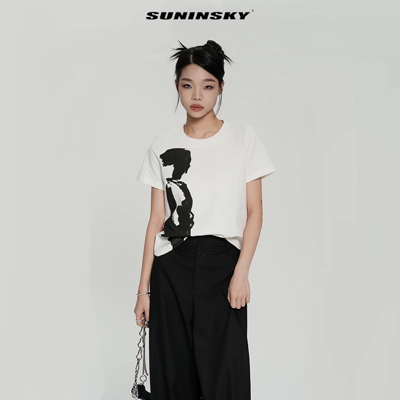 SUNINSKY抽象肌理水墨印花原创设计感套头T恤K38002
