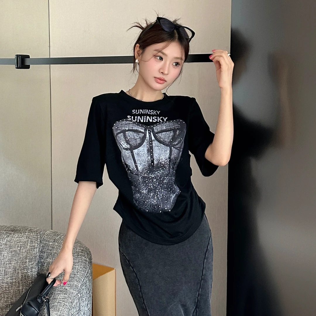 SUNINSKY夏季透视胸衣印花正肩抽褶收腰纯棉显瘦T恤-TY45004