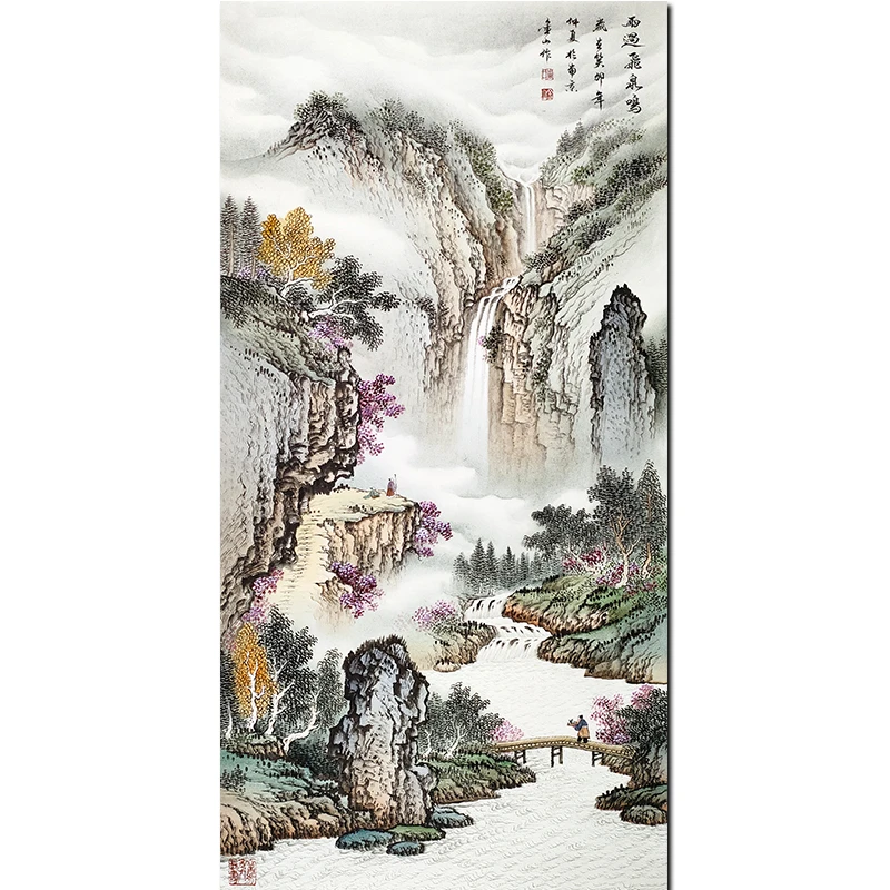 中美协 大红袍画家 周金山《雨过飞泉鸣》精品工笔山水国画 三尺