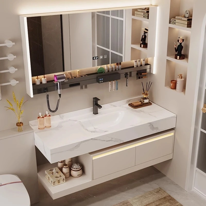 【热弯岩板一体盆】实木酒店风浴室柜洗脸池现代简约奶油风洗漱台盆