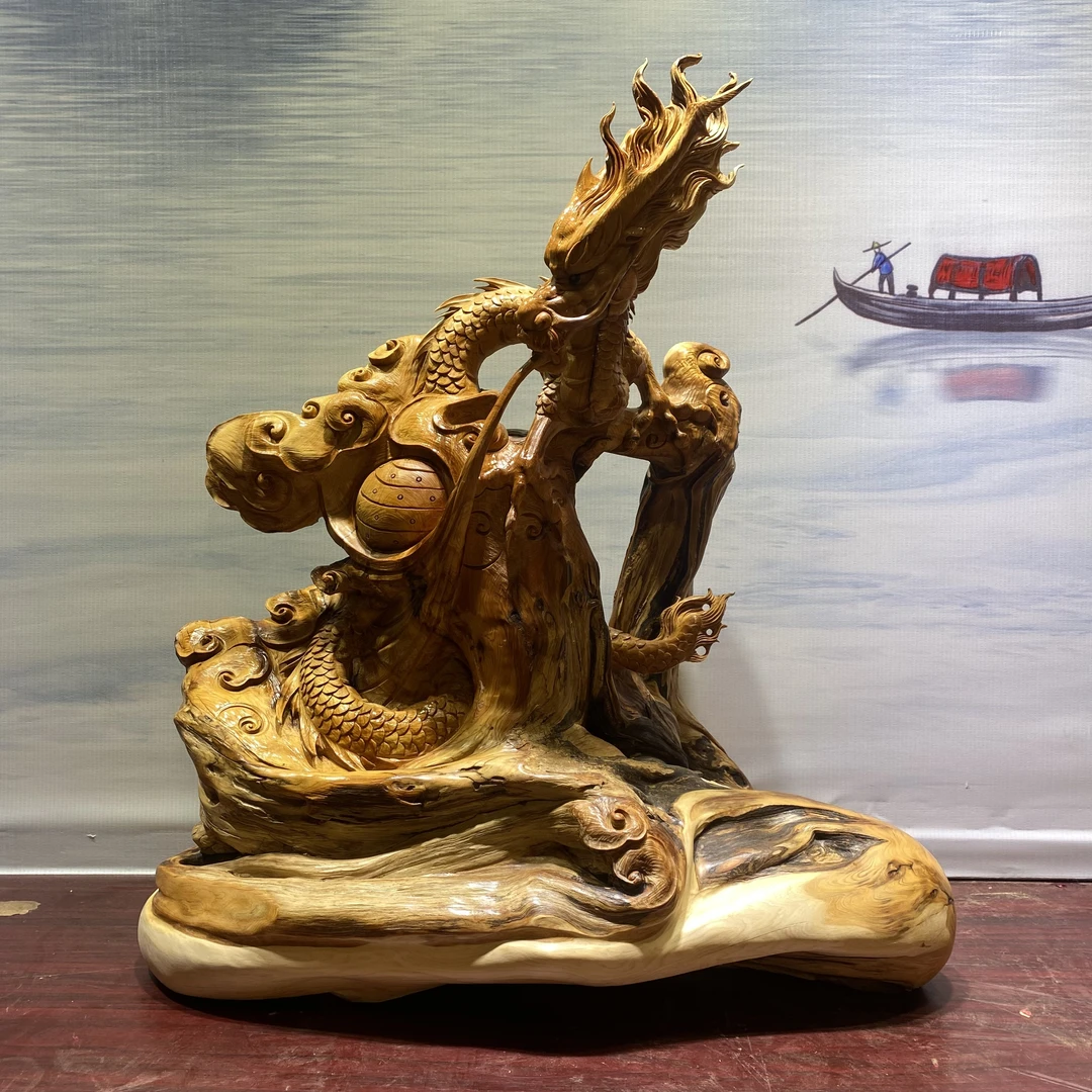 太行崖柏精品木雕根雕客厅摆件大件手工雕刻龙吐水-富（福）源不断