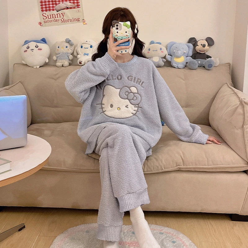 秋冬睡衣女2024年新款珊瑚绒可外穿半边绒加绒加厚保暖家居服套装