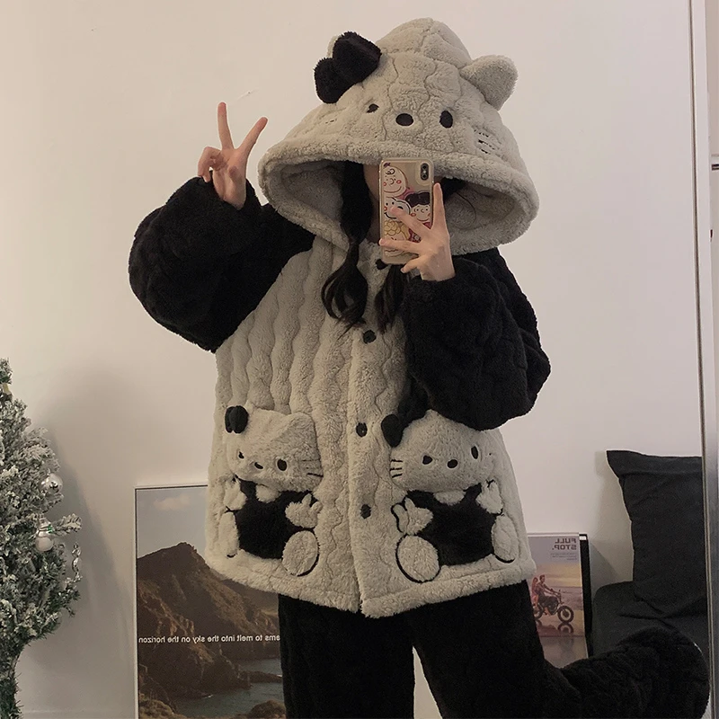 睡衣女冬珊瑚绒加厚加绒家居服2024年新款三层夹棉保暖法兰绒套装