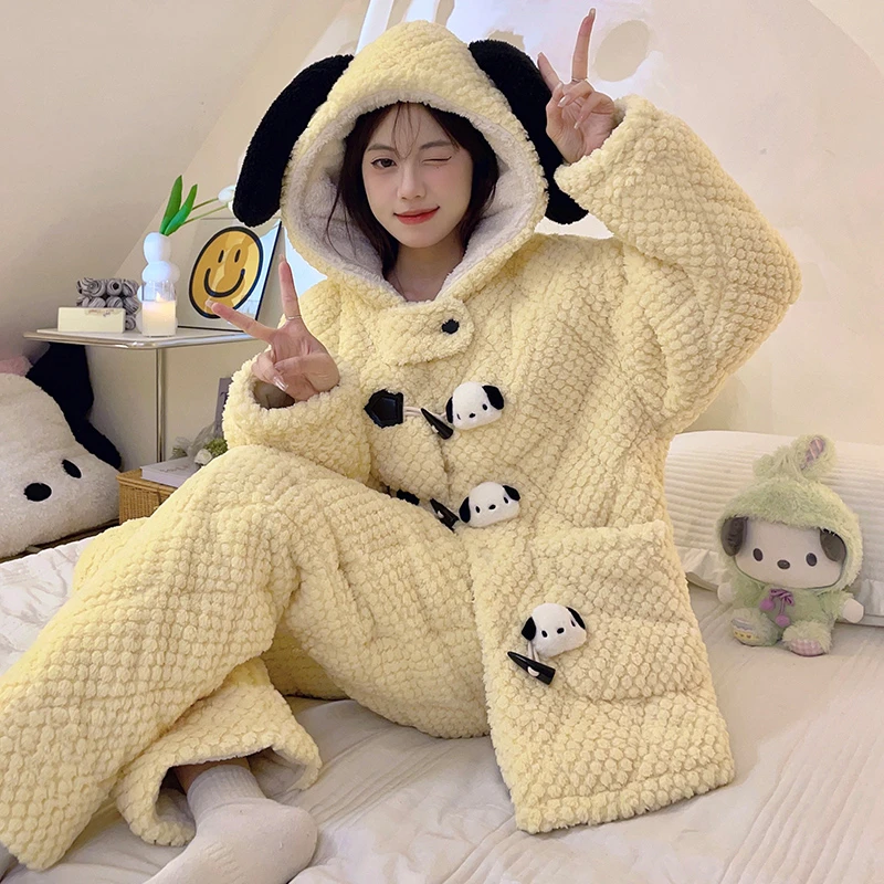 珊瑚绒冬季睡衣女2024新款法兰绒三层加棉加绒加厚保暖家居服套装