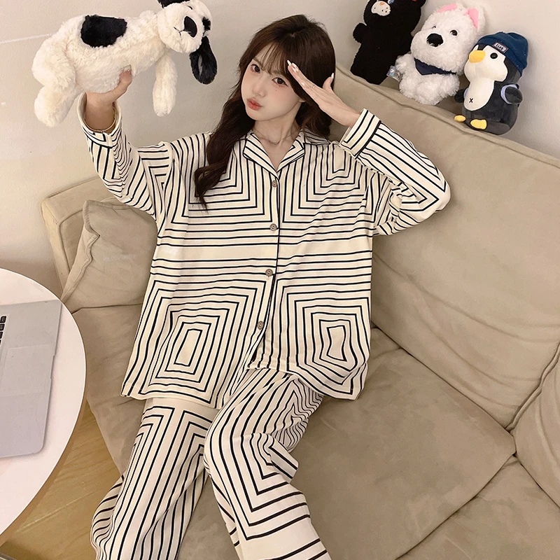 可外穿睡衣女春秋高颜值简约学生长袖套装2024新款日系宽松家居服