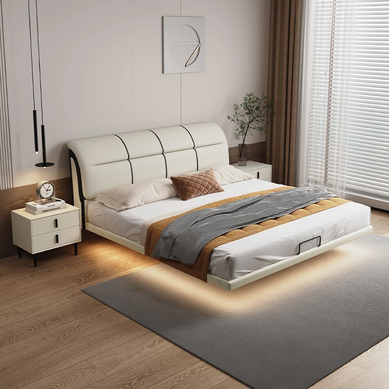 悬浮床感应灯条现代简约主卧大床双人床轻奢高端大气奶油风布艺床