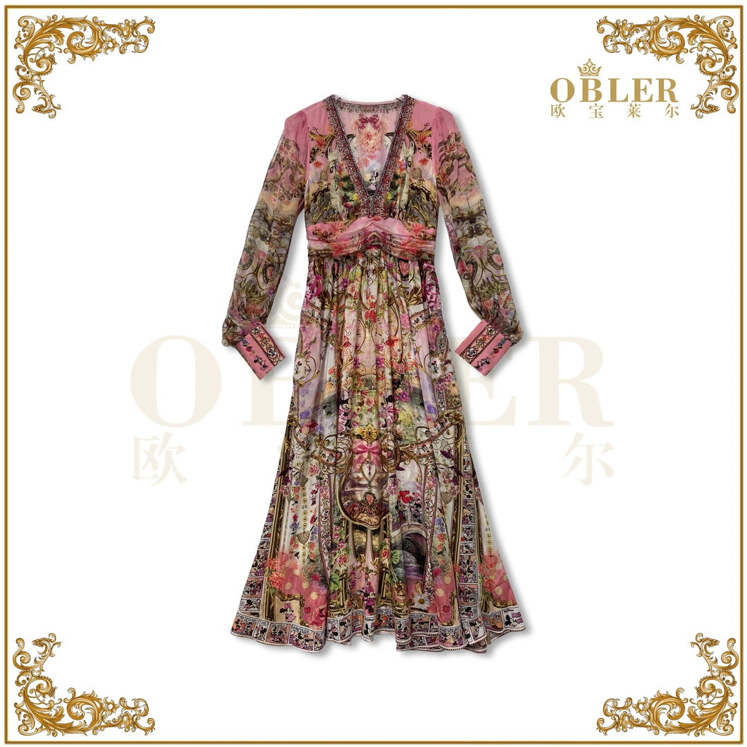 【欧宝莱尔】时尚气质轻奢优雅真丝连衣裙114-24153碎花显瘦女士