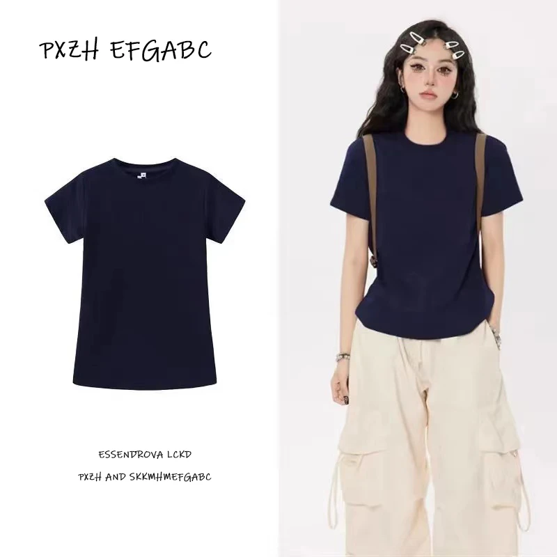 PXZH纯棉辣妹风正肩短袖夏季新款修身设计感美式百搭打底衫T恤女