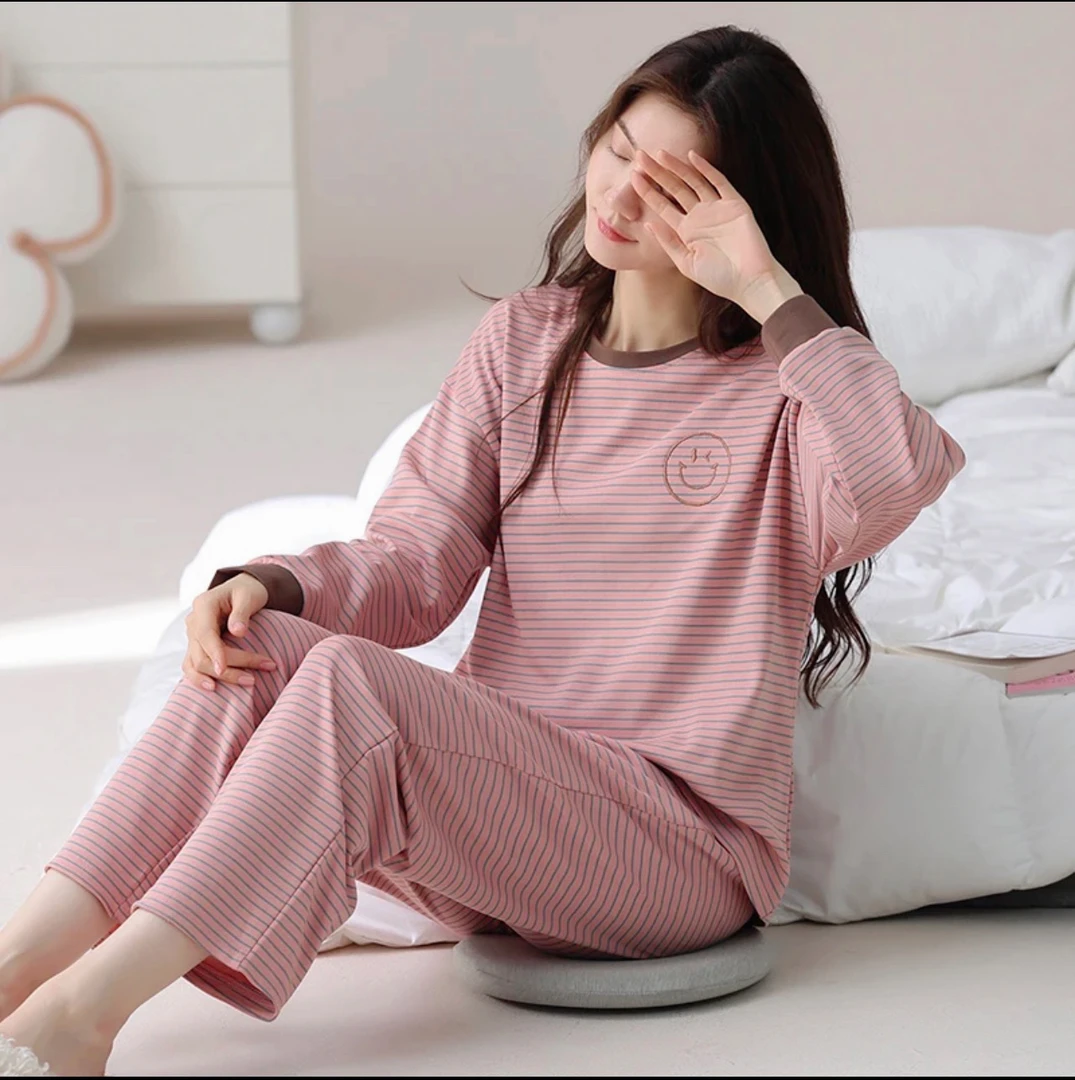（带胸垫)双面纯棉秋冬长袖长裤家居服套装笑脸粉咖