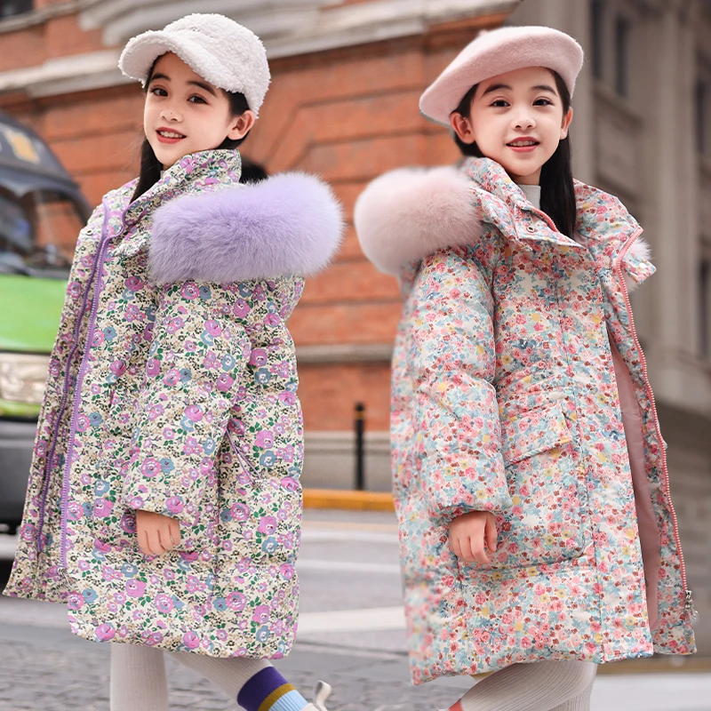 中长款儿童女童羽绒服碎花洋气加厚2025新款冬季中大童装保暖外套