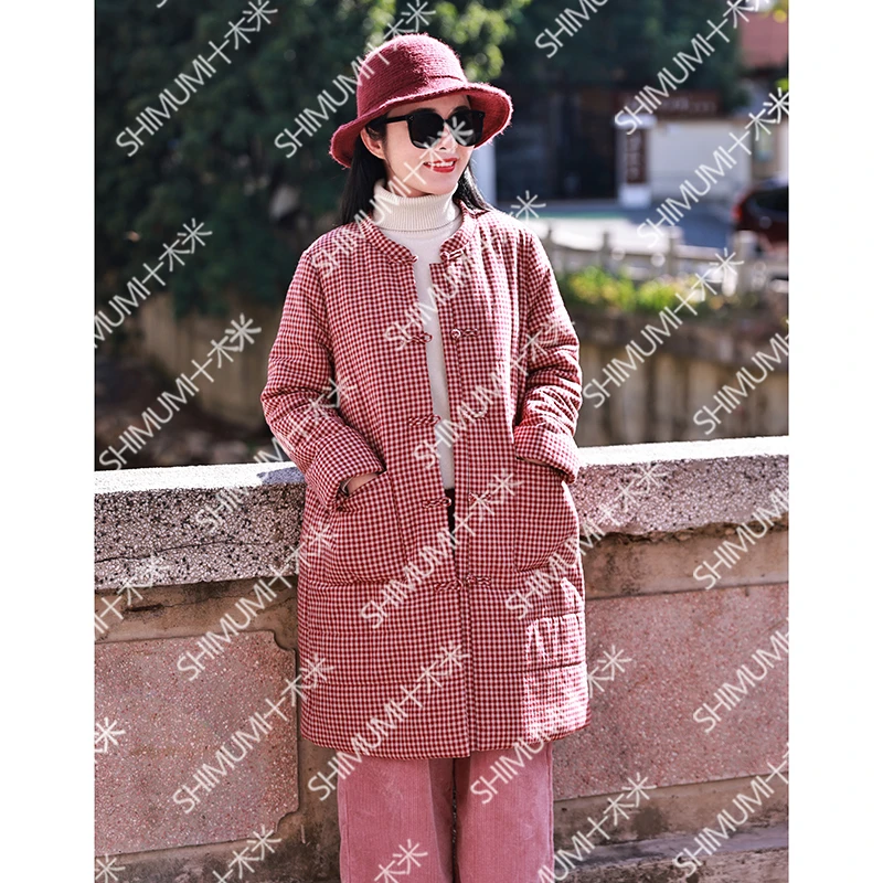 南豆/十木米原创冬季新款格子棉麻文艺百搭棉服外套上衣