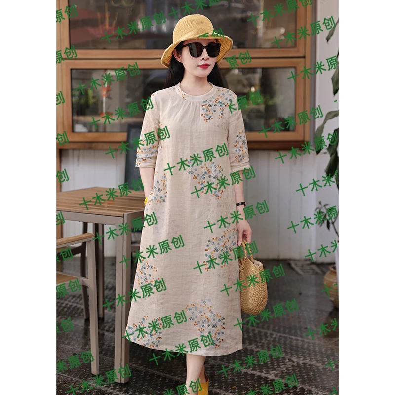 舒梦/十木米原创夏季新款苎麻印花文艺气质双层连衣裙
