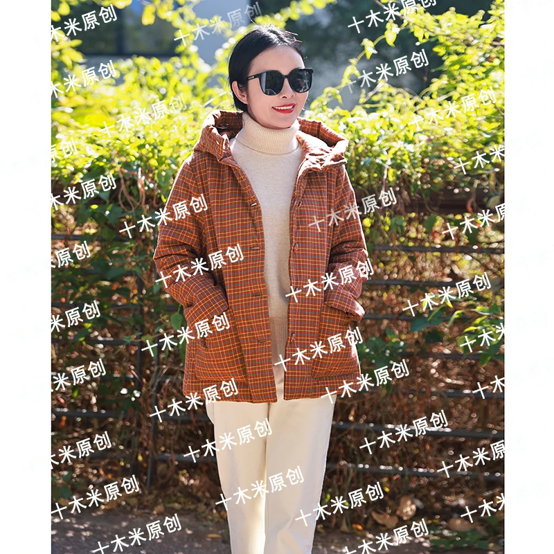 自由歌/十木米原创冬新款全棉色织格子百搭连帽加厚女短款棉服