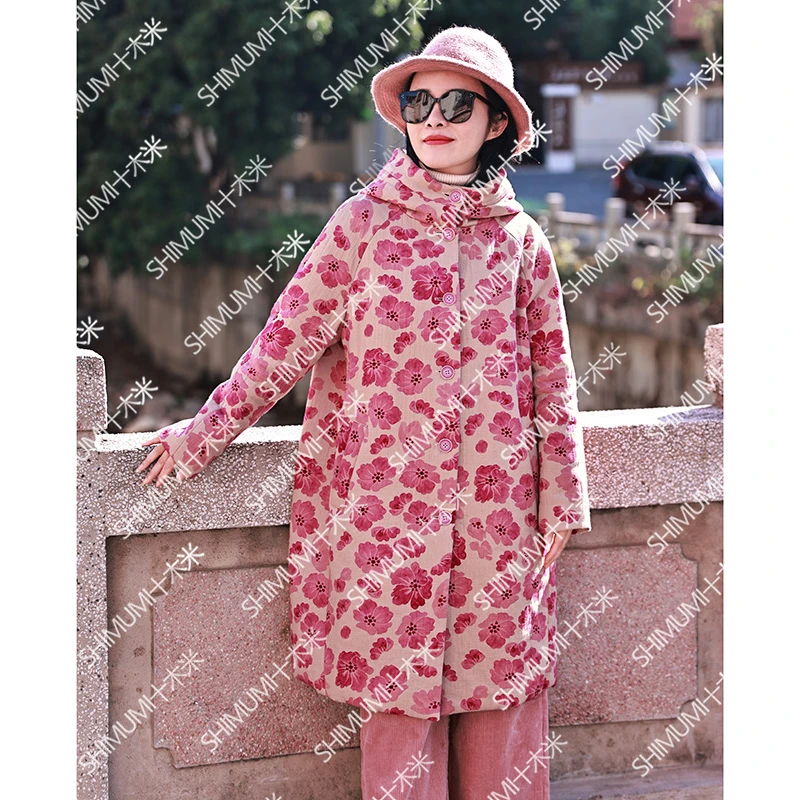 你若盛开/十木米原创冬季新款全棉印花文艺百搭连帽棉服外套