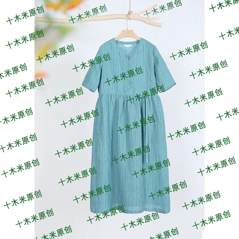 不要上架  碧水心/十木米原创色织亚麻文艺清新收腰显瘦连衣裙