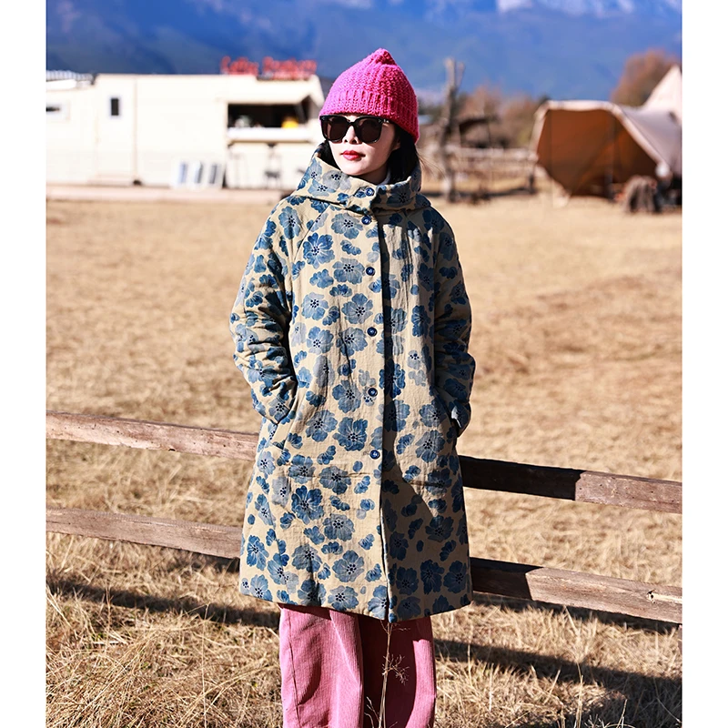 你若盛开~蓝色/十木米原创冬季新款全棉印花百搭连帽棉服外套