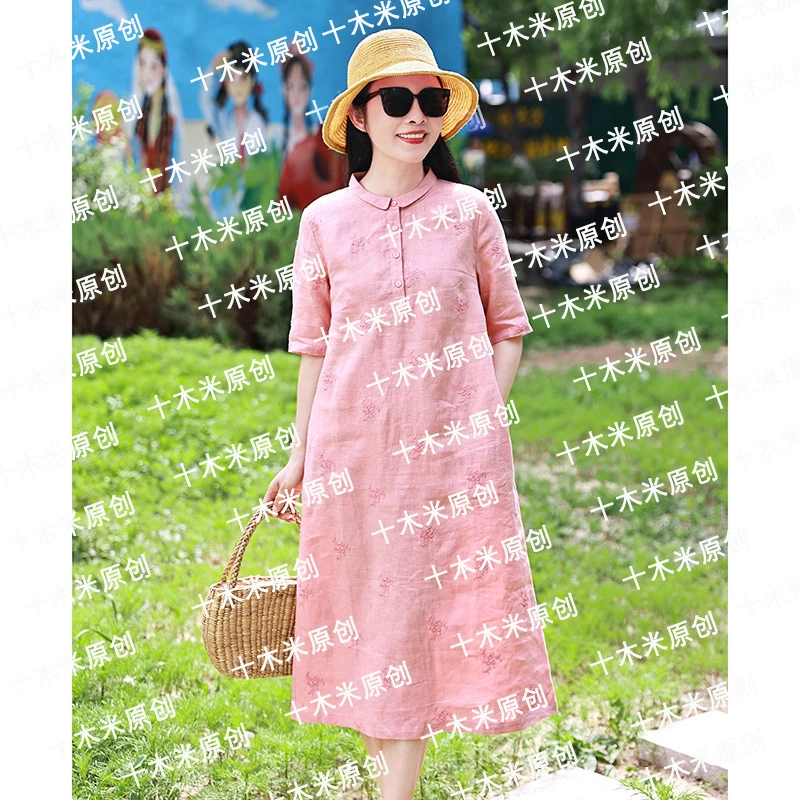 柔梦/十木米原创夏季新款亚麻重磅绣花文艺气质显瘦连衣裙