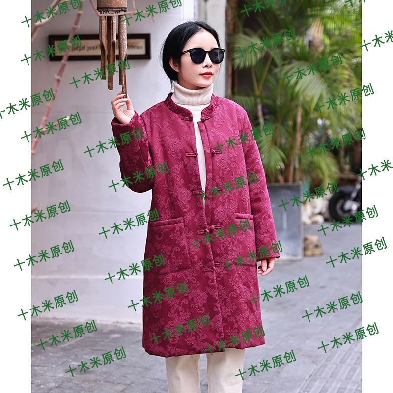 祝福~酒红色/十木米原创冬季新款重工提花百搭文艺棉服外套