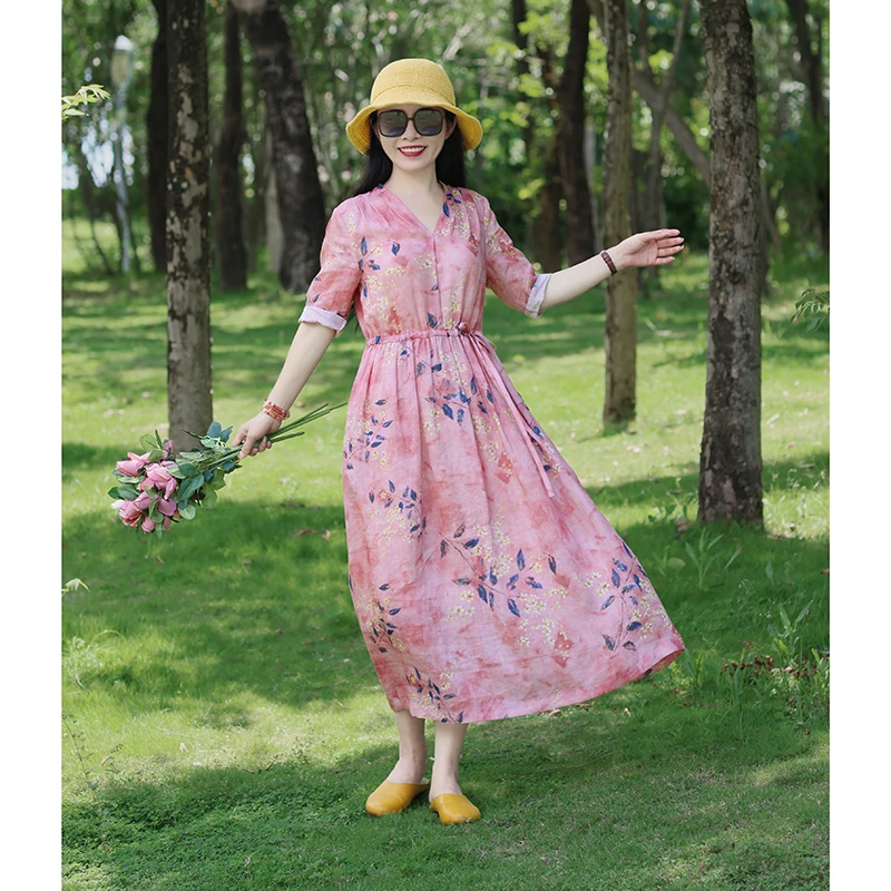 淡妆/十木米原创夏款百分百苎麻印花文艺V领双层连衣裙