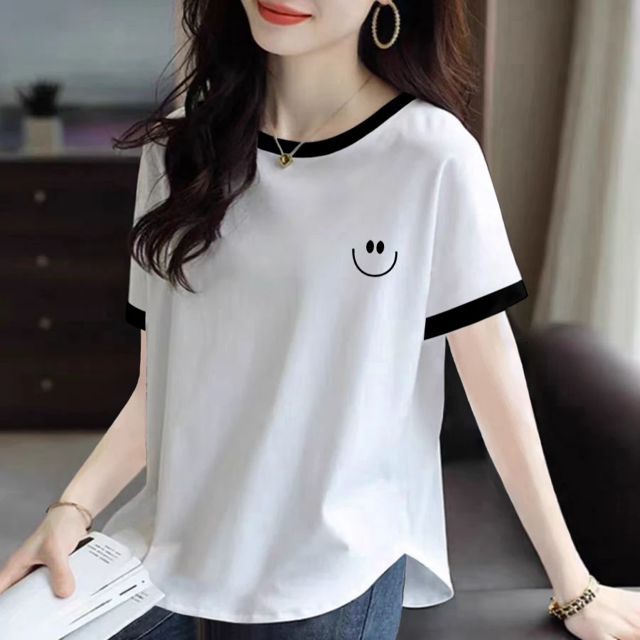 2024夏季新款圆弧形下摆舒适亲肤内搭棉质撞色色领大码短袖t恤女