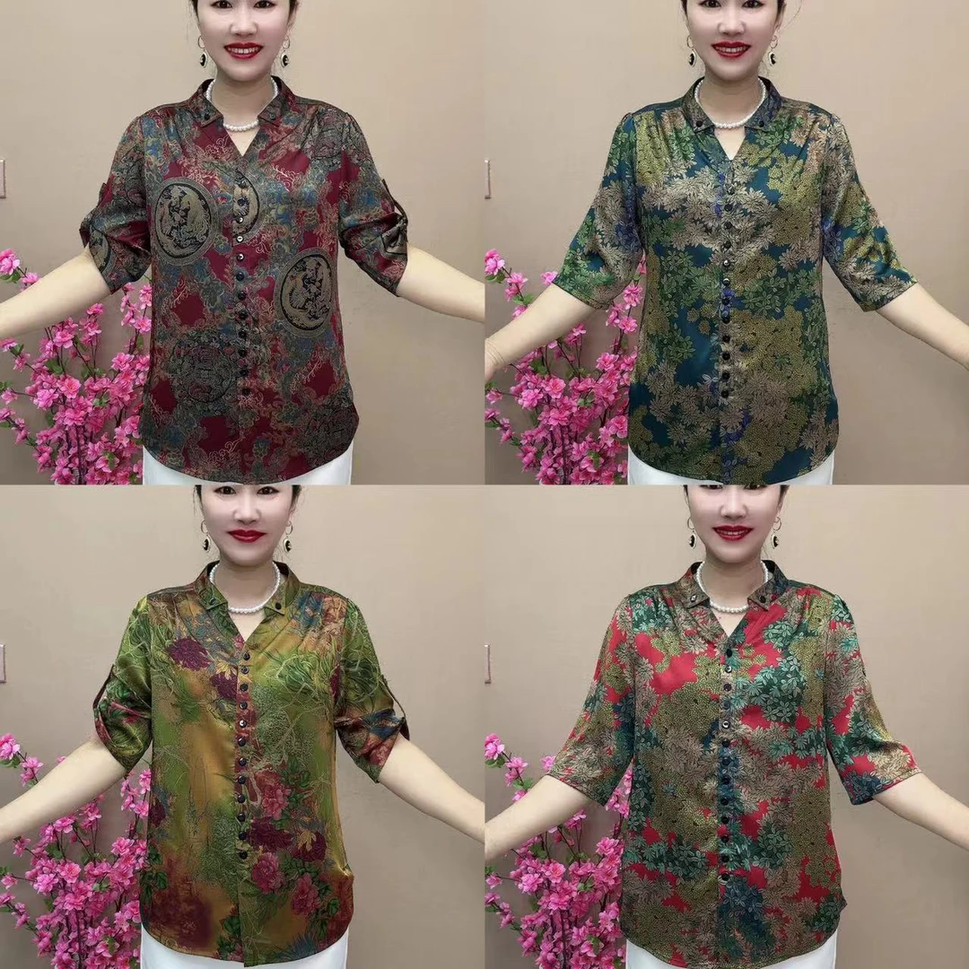 龙凤呈祥花团锦簇套头丝缎短袖上衣大码显瘦宽松薄款时尚衬衫碎花