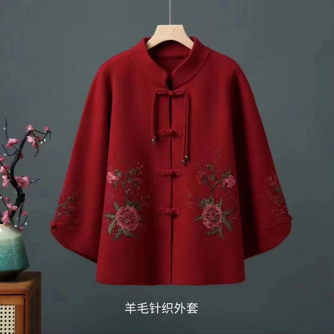 209-3流苏盘扣刺绣花毛线针织冬季外套外套上衣妈妈装加厚中国风