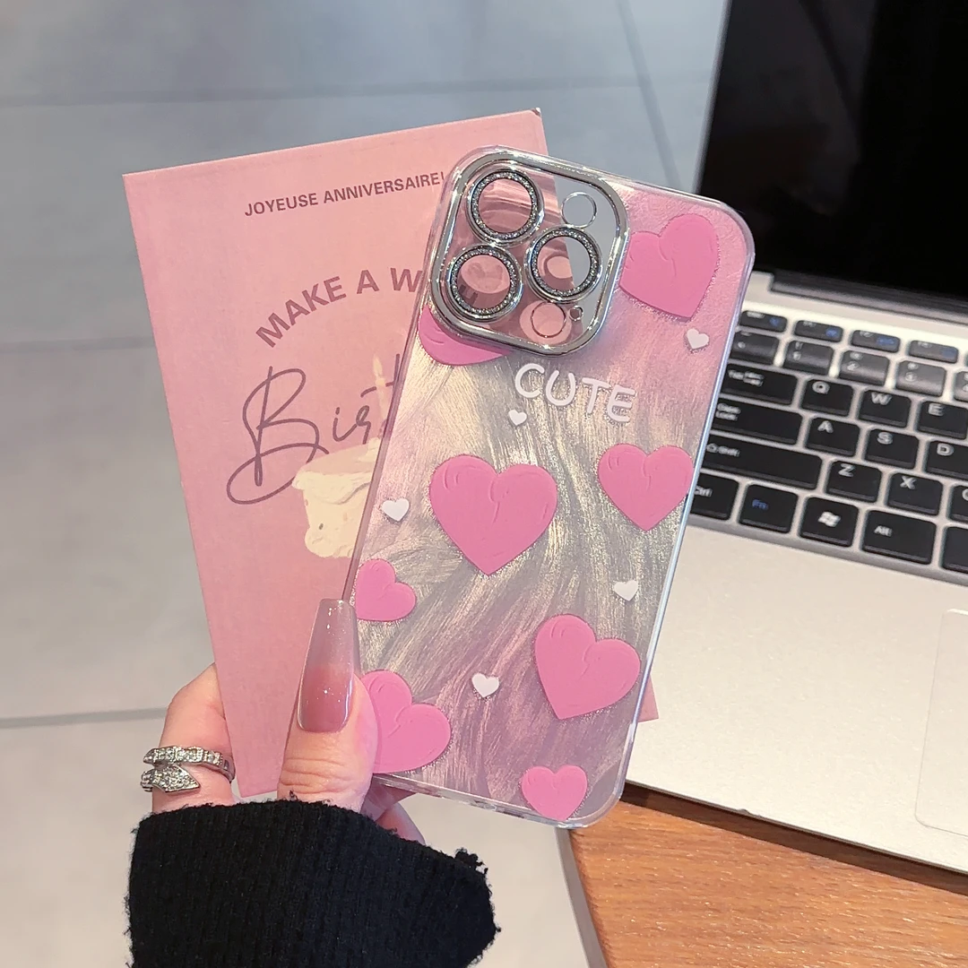 新品爱心镜头膜支架保护壳适用苹果16华为vivo女oppo无边框手机壳
