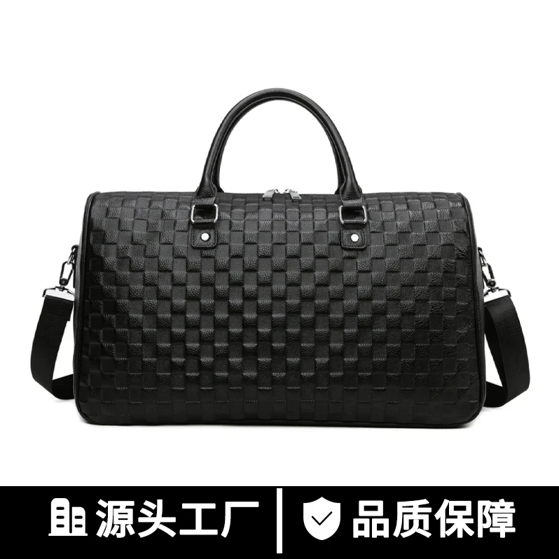 新品潮时尚差男士手提行李方格纹旅行包头层牛皮大容量单肩斜挎