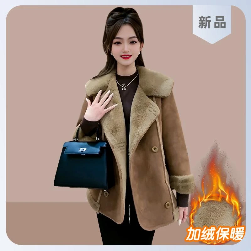 定制高级感时尚翻领洋气2025冬季新款皮毛一体机车外套女大衣百搭