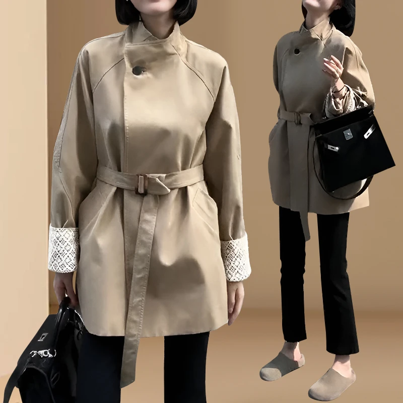 英伦风立领风衣外套女春秋复古系带收腰中长款大衣小个子宽松外套