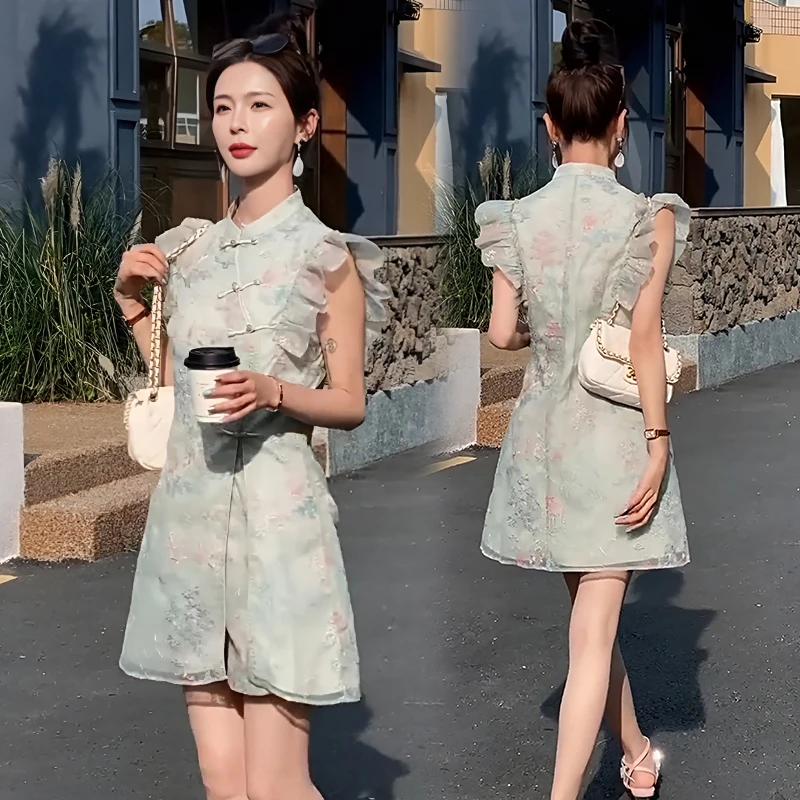 碎花连衣裙女2025夏季新款小个子洋气减龄显瘦新中式国风套装裙子