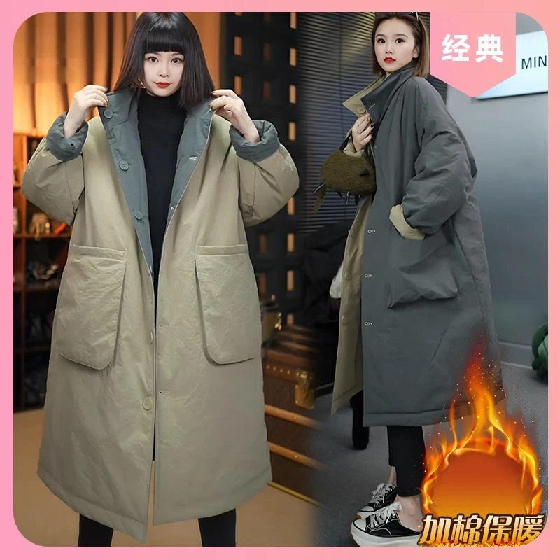 大码女装加棉保暖两面穿棉服中长款设计感大衣秋冬新款棉袄外套潮